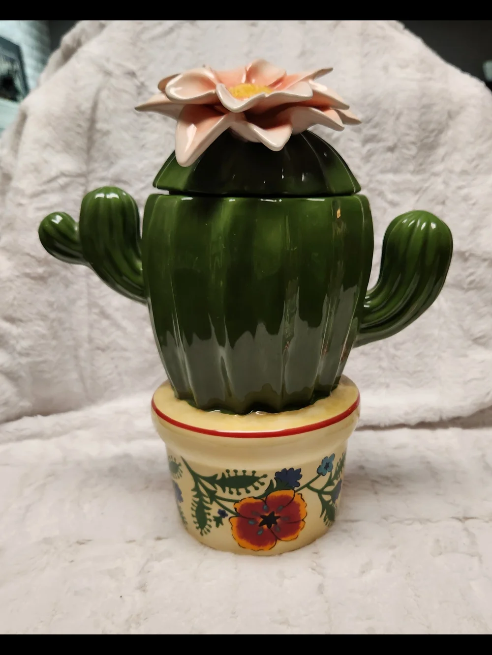 Cracker Barrel Green Cactus Cookie Jar with Peach Flower